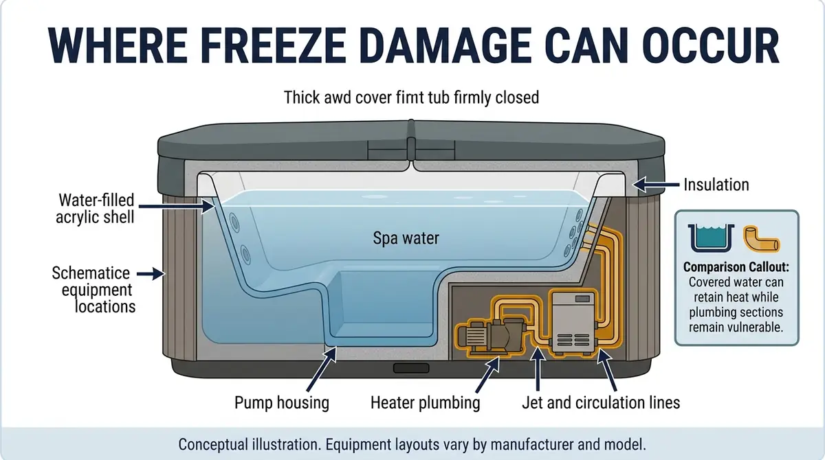 Conceptual hot tub cutaway indicating water in the spa shell and vulnerable pump, heater and jet-line plumbing during a freeze.
