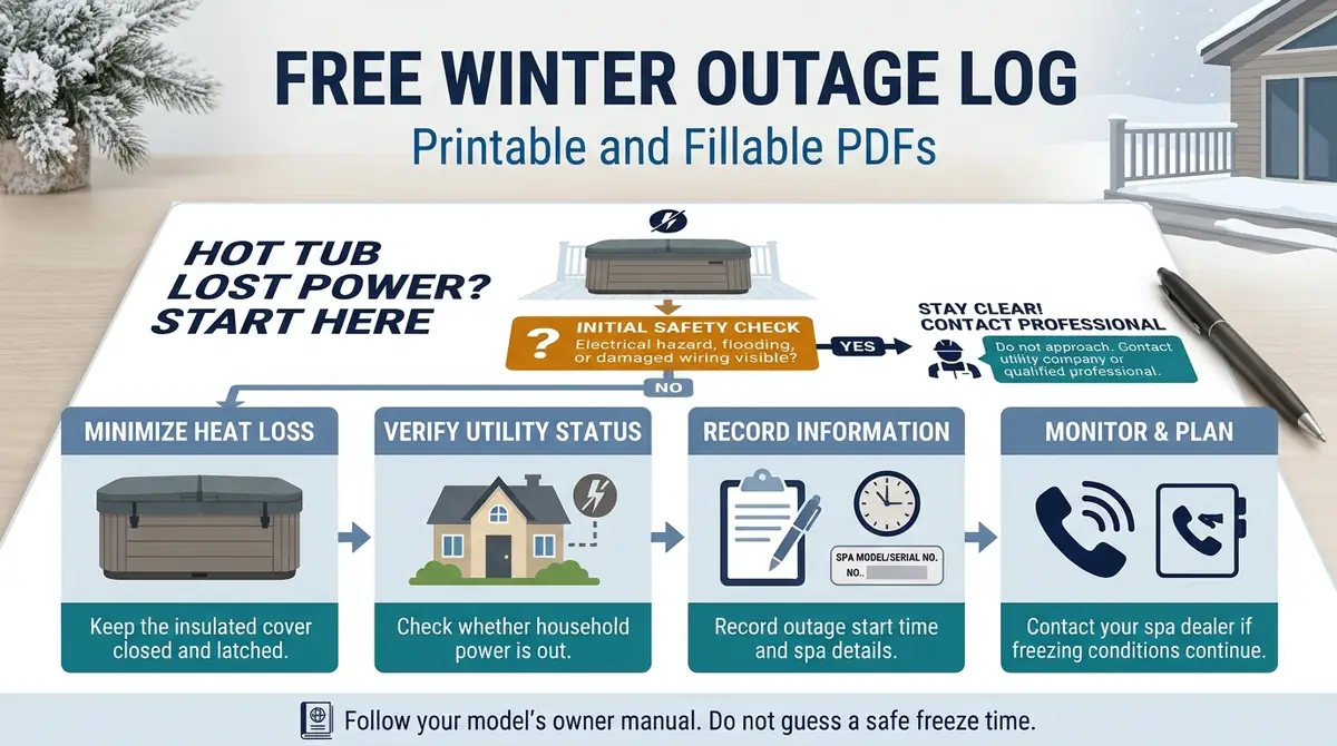 Visual preview of a hot tub winter power outage emergency log worksheet with printable and fillable PDF options.