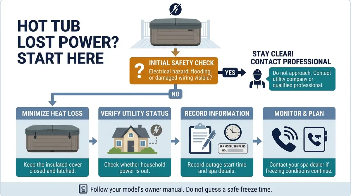 Hot tub power outage flowchart covering visible electrical hazards, keeping the cover closed, checking the utility outage and calling a spa dealer.
