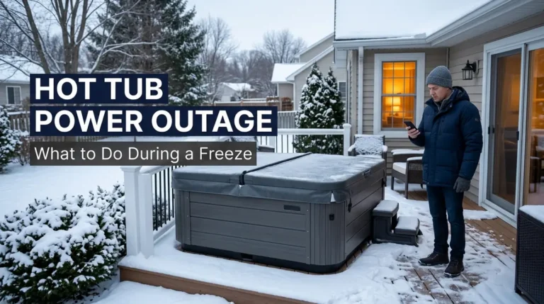Hot Tub Power Outage in Freezing Weather: What to Do 1 Covered outdoor hot tub in a snowy backyard with a homeowner checking a phone during a winter power outage.