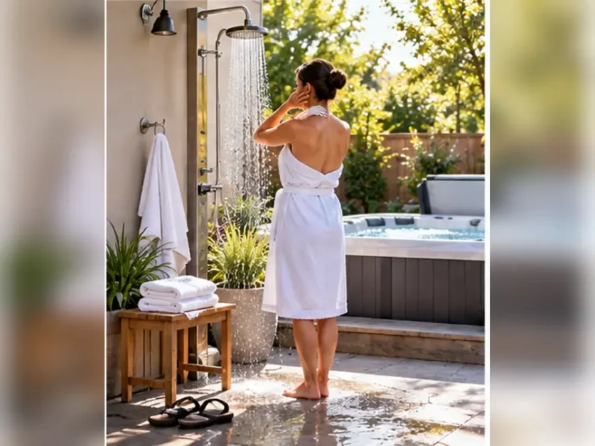 Hot Tub Hygiene: Clean Water & Contamination Prevention 4 Woman in a white robe rinsing before entering a backyard hot tub