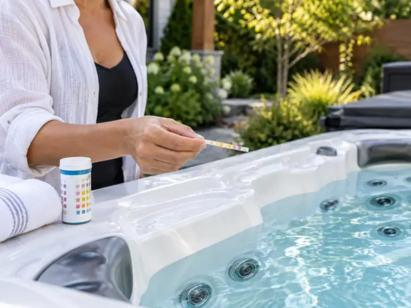 Hot Tub Hygiene: Clean Water & Contamination Prevention 3 Hand checking hot tub water with a test strip beside a clean spa