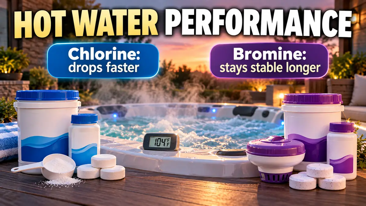 Steaming hot tub comparing chlorine and bromine performance at typical spa temperatures