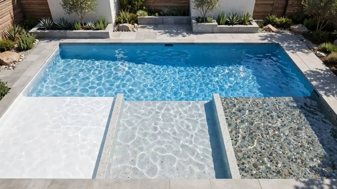Pool Plaster vs Quartz vs Pebble: Which Finish Is Best? 2 Residential pool showing how finish color, sunlight, depth, and surroundings affect apparent water color