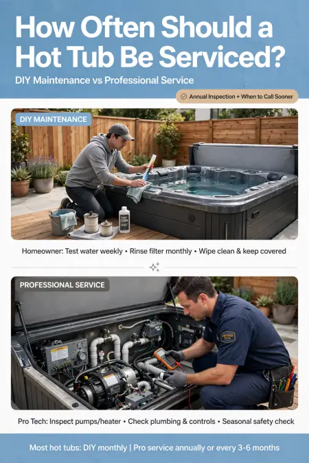 Pinterest graphic for how often a hot tub should be serviced comparing DIY maintenance with professional service