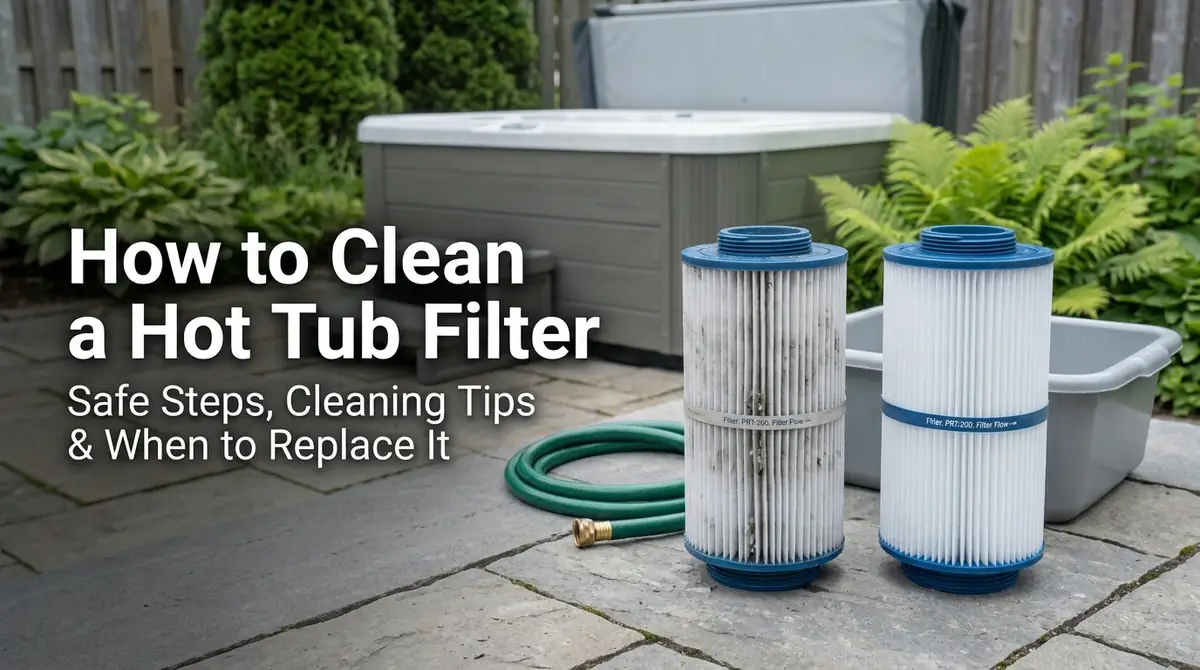 How to Clean a Hot Tub Filter Safely: Rinse, Soak or Replace? 1 Clean and dirty hot tub filter cartridges beside an outdoor spa, with a filter-cleaning title overlay.