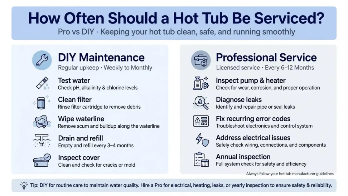 Comparison graphic showing which hot tub maintenance tasks are DIY and which need professional service