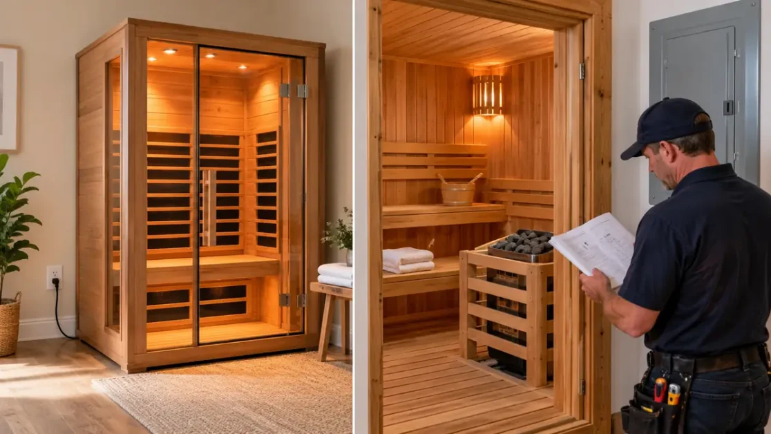 Sauna Electrical Requirements: 120V vs 240V, Breakers & Planning 2 Infrared and traditional home saunas shown side by side while a technician reviews installation documents
