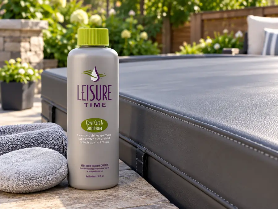 Leisure Time Cover Care and Conditioner beside a vinyl hot tub cover