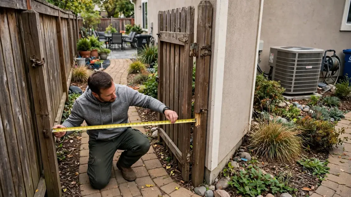 Homeowner measuring a backyard gate and delivery route for a hot tub