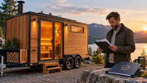 Mobile Sauna Insurance: Coverage Checklist for Operators 4 Trailer-mounted wooden mobile sauna beside a man reviewing insurance documents at sunset