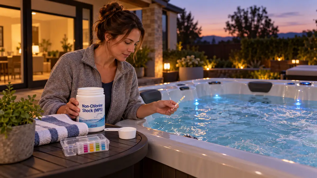 Non-Chlorine Shock Calculator for Hot Tubs (MPS Dose Guide) 1 Non-chlorine shock calculator guide for measuring an MPS dose for a hot tub