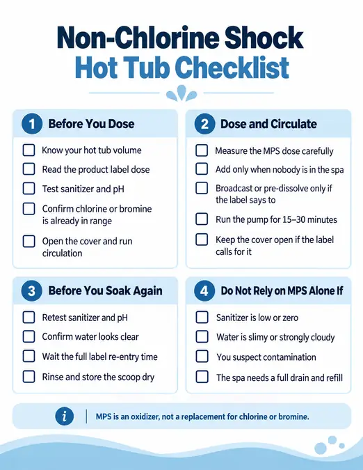 Non-Chlorine Shock Calculator for Hot Tubs (MPS Dose Guide) 3 Printable non-chlorine shock hot tub checklist for testing, dosing MPS, circulation, and safe re-entry