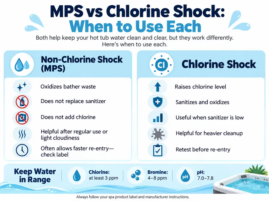 Non-Chlorine Shock Calculator for Hot Tubs (MPS Dose Guide) 2 MPS vs chlorine shock infographic comparing when to use non-chlorine shock and chlorine shock in a hot tub