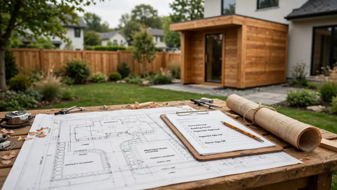 Do You Need a Permit for a Sauna? Building, Electrical & Zoning Guide 3 Backyard sauna site plan showing property boundaries, house, access, and zoning planning areas
