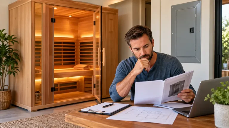 Sauna Electrical Requirements: 120V vs 240V, Breakers & Planning 15 Homeowner reviewing sauna plans beside an indoor sauna and electrical panel