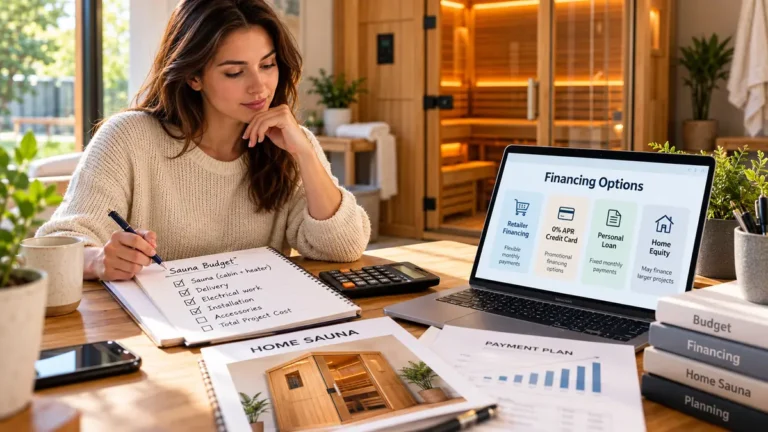 Home sauna financing planning setup with a sauna and budgeting materials