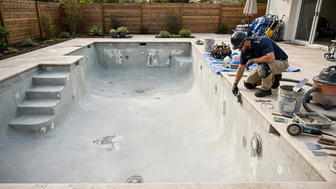 Pool Plaster vs Quartz vs Pebble: Which Finish Is Best? 4 Contractor preparing a drained concrete swimming pool for a new plaster, quartz, or pebble finish