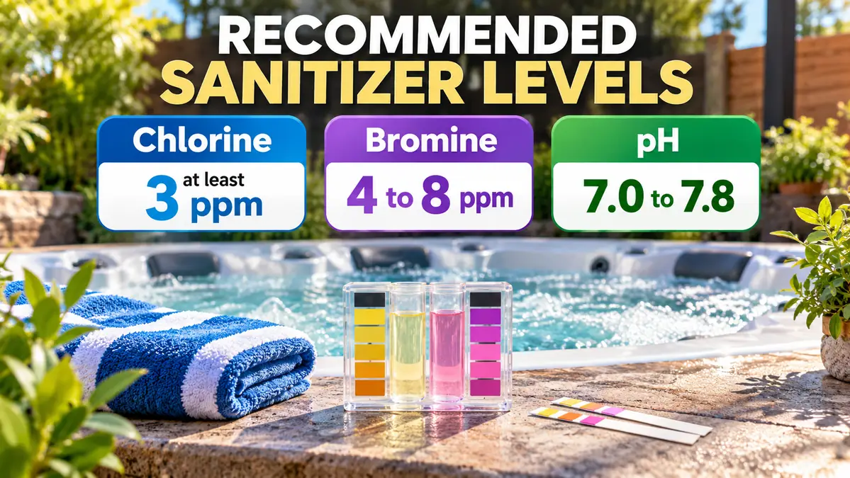 Hot tub test kit showing recommended chlorine, bromine, and pH levels for spa water