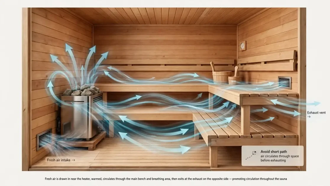 Sauna Ventilation Requirements: Intake, Exhaust & Airflow Planning 4 Sauna airflow moving from the intake through the bench area toward the exhaust vent