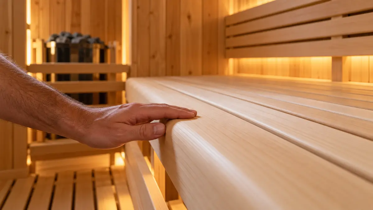 Best Wood for a Sauna: Cedar, Aspen, Hemlock & Spruce 3 Close-up of the wooden surface and rounded edges of a sauna bench