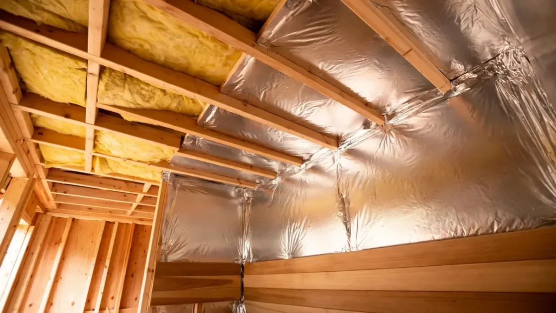 Sauna Insulation Guide: Walls, Ceiling, Vapor Barrier & R-Values 4 Sauna ceiling with batt insulation and aluminum vapor-control foil continuing from the walls