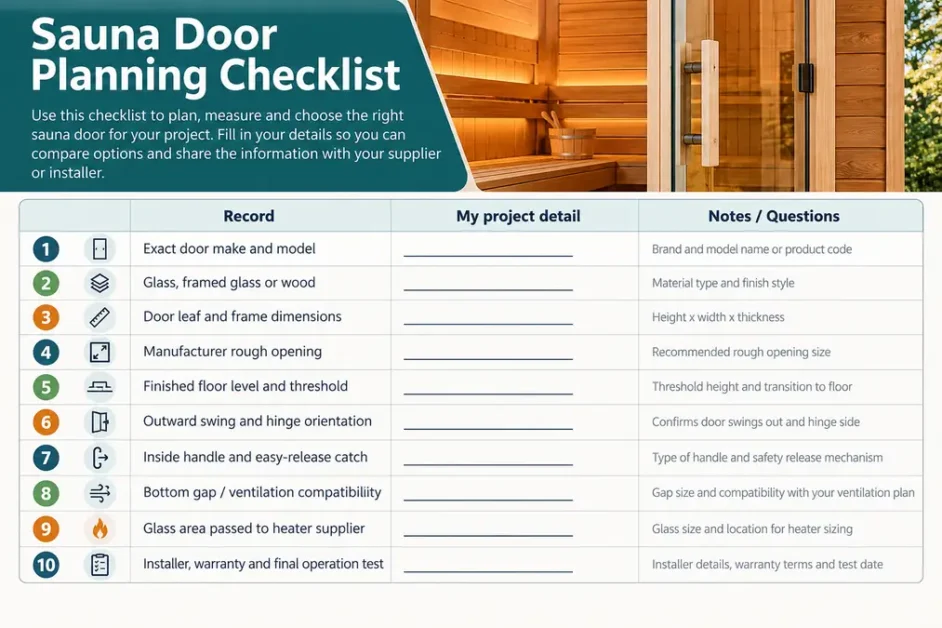 Sauna Door Guide: Glass vs Wood, Swing, Sealing & Safety 4 Sauna door planning checklist for materials, dimensions, rough opening, outward swing, ventilation, handles and final safety checks