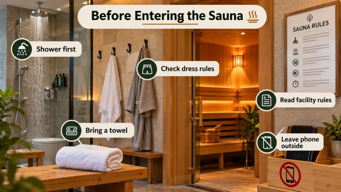 Sauna entrance and shower area showing pre-sauna etiquette steps including showering, bringing a towel, checking dress rules, and leaving the phone outside