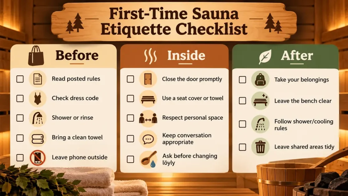 Three-column sauna etiquette checklist showing what to do before, inside, and after a sauna session
