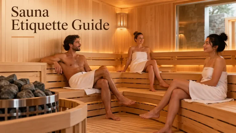 Shared public sauna with adults using towels and respectful personal space