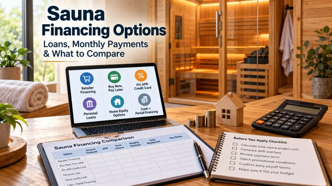 Sauna financing planning workspace with a calculator and budget materials