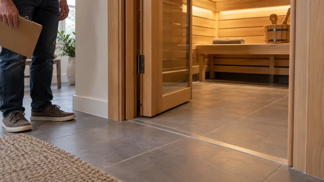 Tiled floor and door threshold of a home sauna