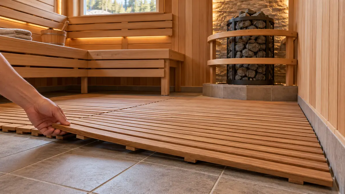 Sauna Flooring Guide: Tile, Concrete, Wood Mats & Drainage 2 Removable wooden floor grid over tile flooring in a sauna