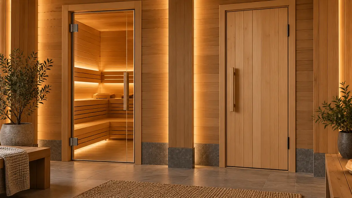 Sauna Door Guide: Glass vs Wood, Swing, Sealing & Safety 2 Glass and wood sauna door styles shown for comparison