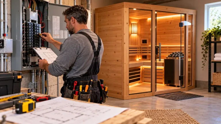 Outdoor Sauna Site Prep: Base, Drainage, Access & Power 3 Technician planning sauna heater and electrical service inside a home sauna