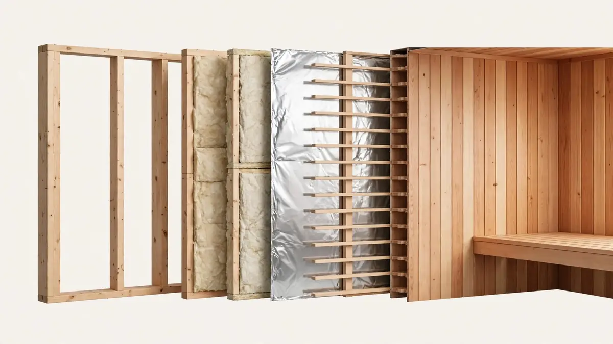 Sauna Insulation Guide: Walls, Ceiling, Vapor Barrier & R-Values 1 Home sauna wall under construction showing insulation, foil vapor barrier, battens, and wood paneling