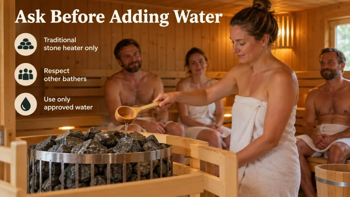 Sauna user adding a small amount of water to traditional sauna stones while respecting other bathers