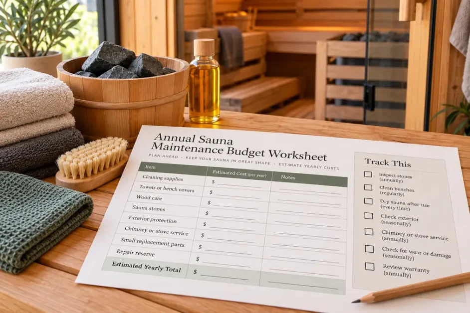 Printable annual sauna maintenance budget worksheet beside sauna stones, towels, brush, and wood-care supplies