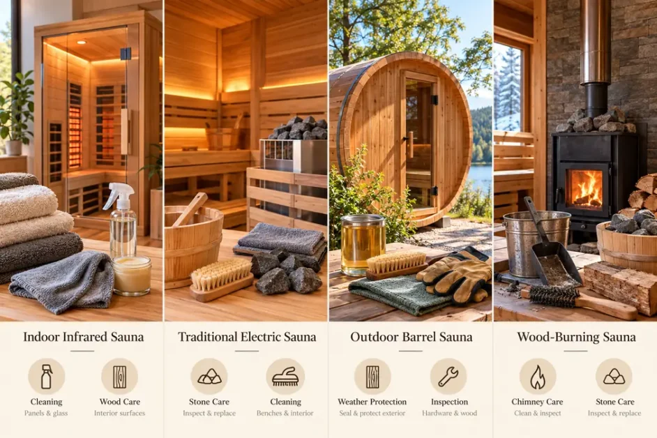 Comparison of infrared, traditional electric, outdoor barrel, and wood-burning sauna maintenance tasks