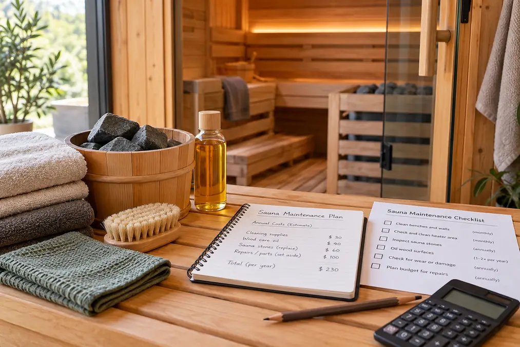 Sauna maintenance planning setup with towels, sauna stones, wood-care supplies, checklist, and calculator beside a home sauna