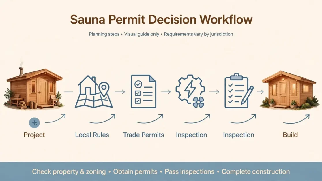 Do You Need a Permit for a Sauna? Building, Electrical & Zoning Guide 6 Sauna permit planning workflow from project details through local approvals and inspection