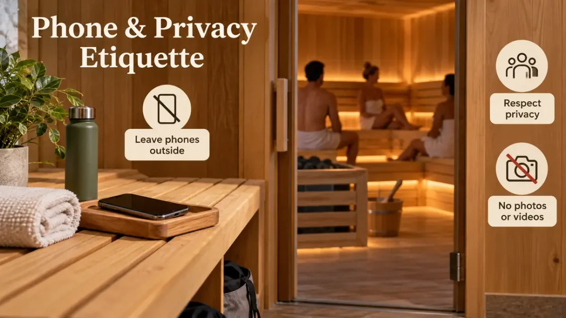 Phone left outside a shared sauna to respect privacy and avoid photos or videos