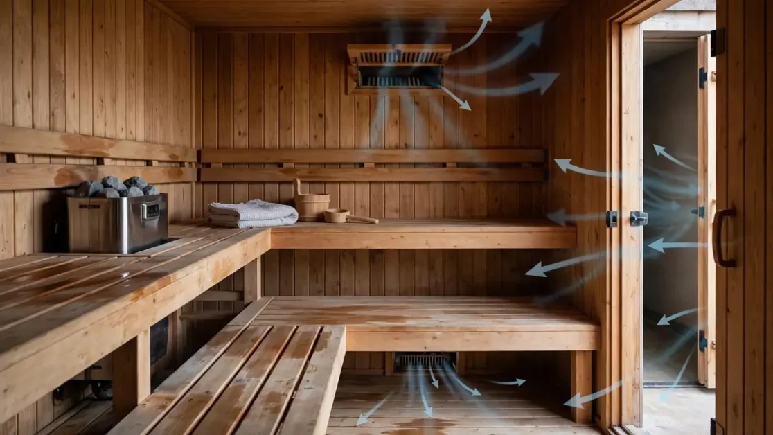 Sauna Ventilation Requirements: Intake, Exhaust & Airflow Planning 5 Sauna drying after use with the door open and ventilation airflow moving through the room