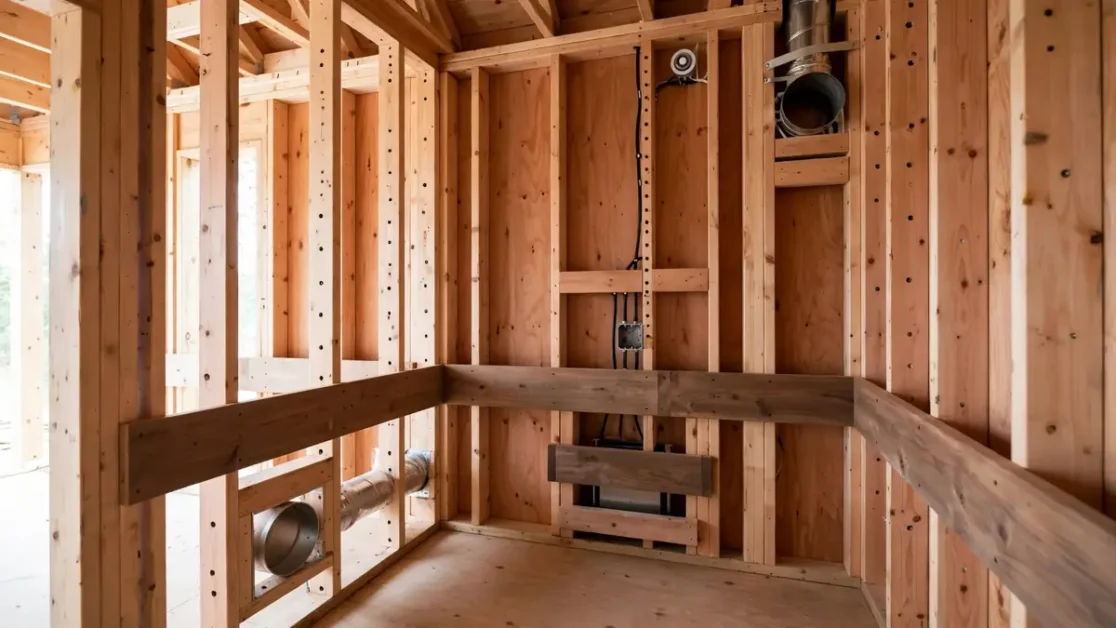 Sauna Size Guide: Dimensions, Capacity, Bench Space & Heater Planning 3 Open sauna framing with heater, sensor, ventilation, electrical, and bench locations planned before insulation