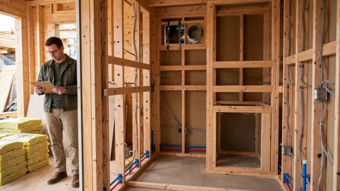 Do You Need a Permit for a Sauna? Building, Electrical & Zoning Guide 5 Open sauna framing being reviewed before insulation and wood paneling cover the rough work