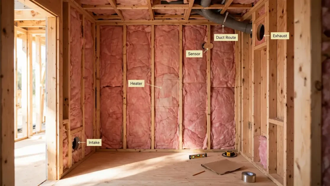 Sauna Ventilation Requirements: Intake, Exhaust & Airflow Planning 6 Home sauna framing with heater, sensor, intake, and exhaust locations planned before paneling