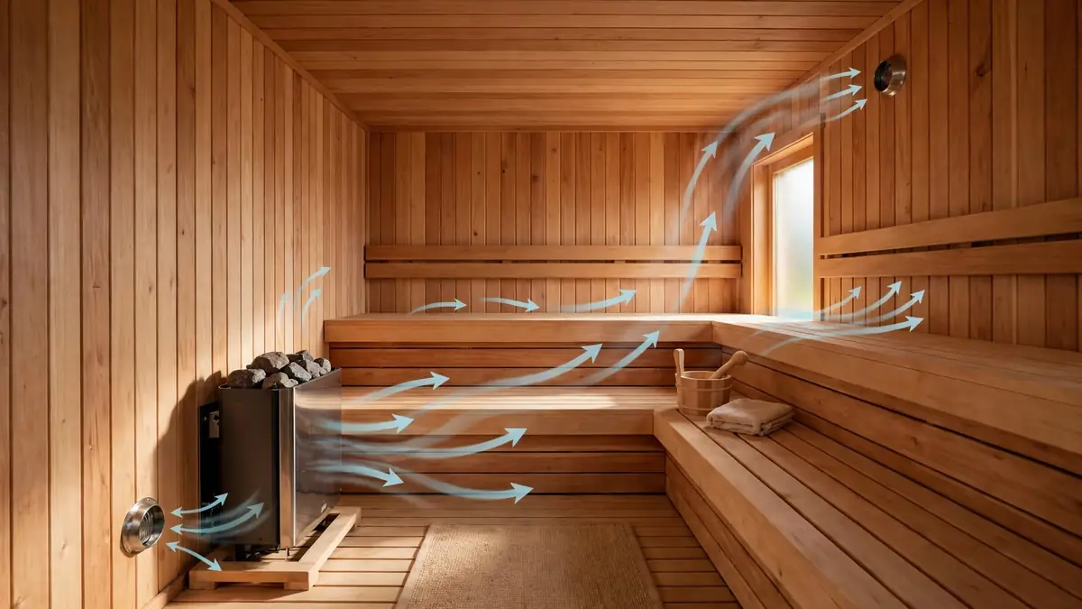 Sauna Ventilation Requirements: Intake, Exhaust & Airflow Planning 1 Traditional home sauna showing intake and exhaust airflow around an electric heater and benches
