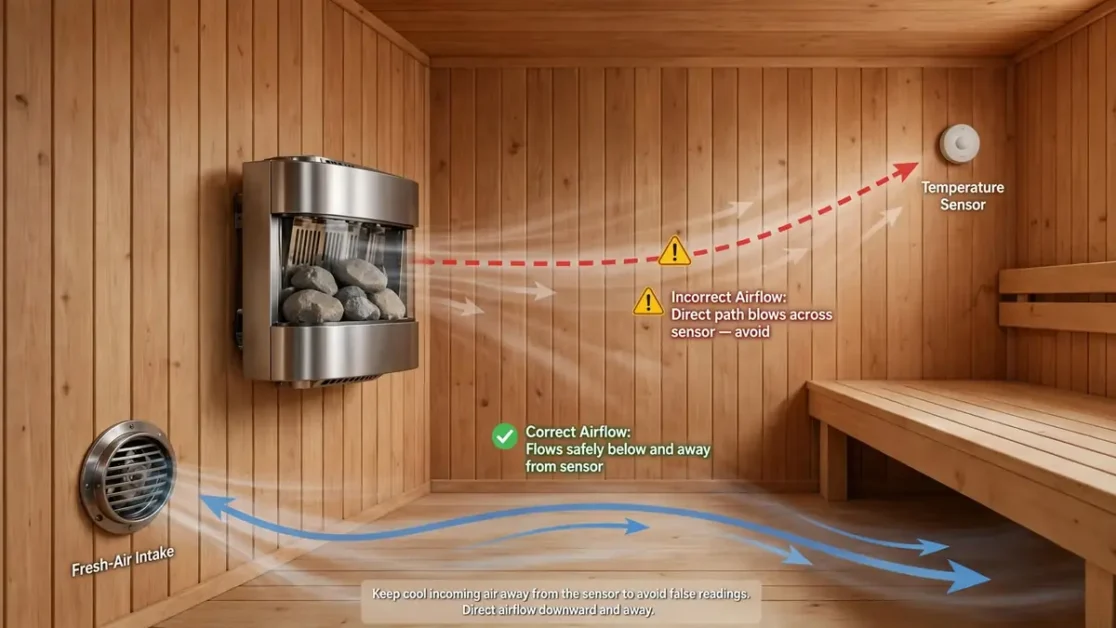 Sauna Ventilation Requirements: Intake, Exhaust & Airflow Planning 3 Sauna airflow illustration showing fresh air kept away from the temperature sensor
