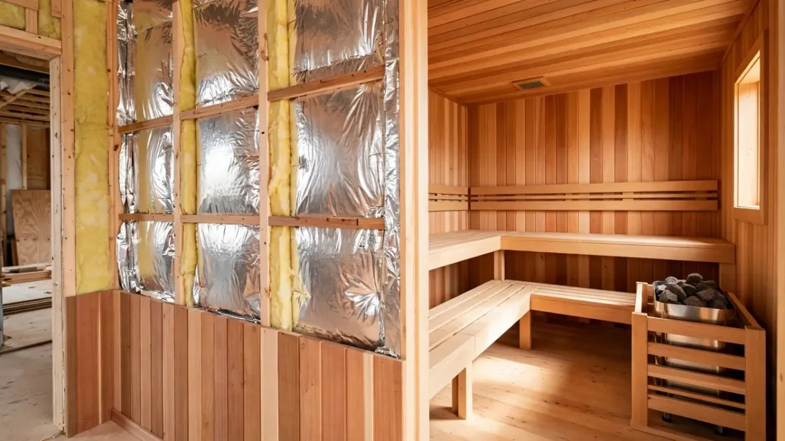 Sauna Insulation Guide: Walls, Ceiling, Vapor Barrier & R-Values 3 Cutaway sauna wall showing framing, insulation, aluminum foil, battens, and wood paneling