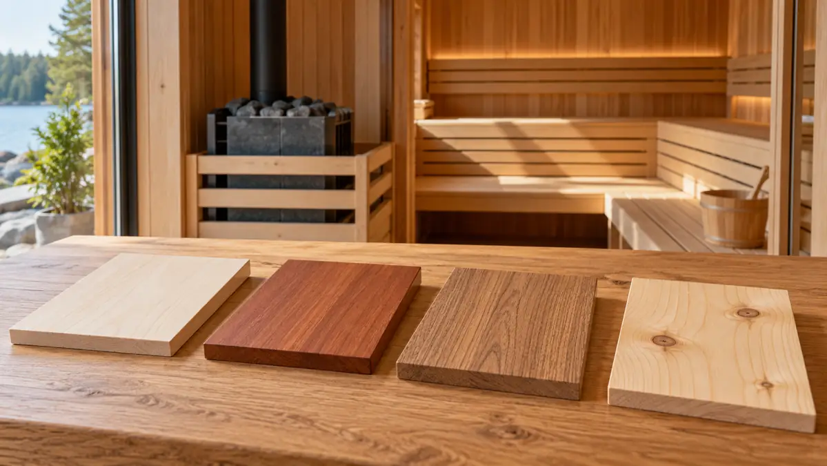 Best Wood for a Sauna: Cedar, Aspen, Hemlock & Spruce 2 Wood sample boards displayed for comparing sauna interior materials